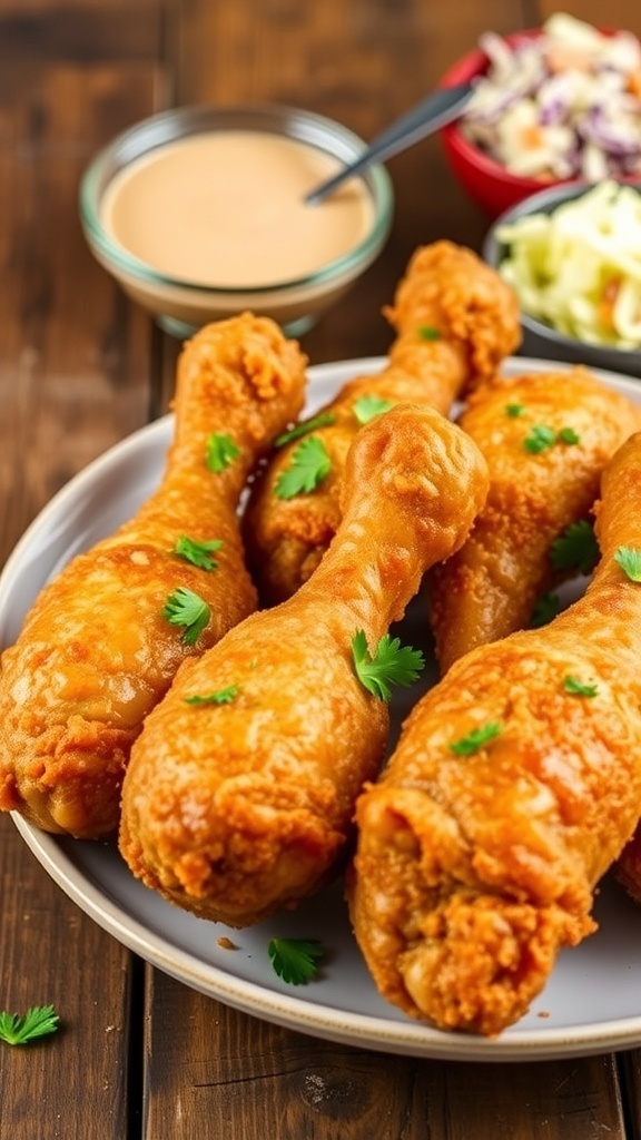 Crispy fried chicken drumsticks on a plate, garnished with parsley, served with dipping sauce and coleslaw.